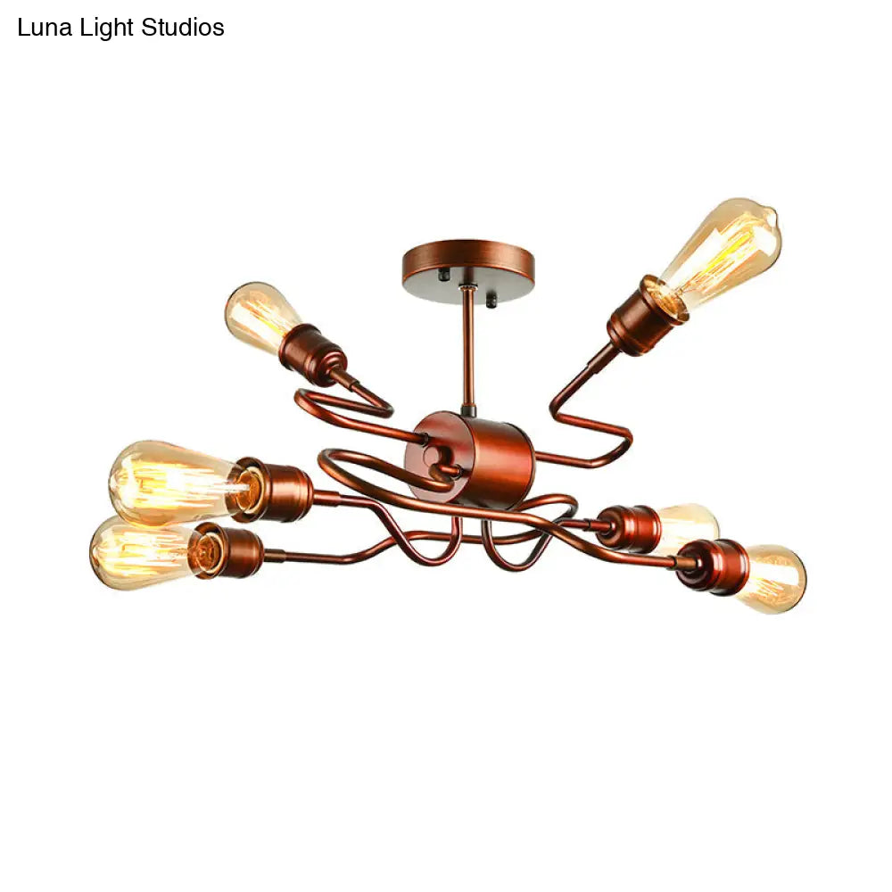 Farmhouse Style Twisted Arm Iron Ceiling Light With 6 Lights Copper Finish - Semi Flush Mount For