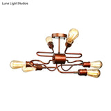 Farmhouse Style Twisted Arm Iron Ceiling Light With 6 Lights Copper Finish - Semi Flush Mount For
