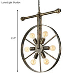 Farmhouse Style Wrought Iron Pendant Light Fixture 6 Light Round with Wheel Design | Bronze Ceiling Décor 6 / Bronze