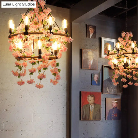 Farmhouse Wagon Wheel Chandelier With Plant Decor For Dining Room