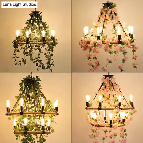 Farmhouse Wagon Wheel Chandelier With Plant Decor For Dining Room