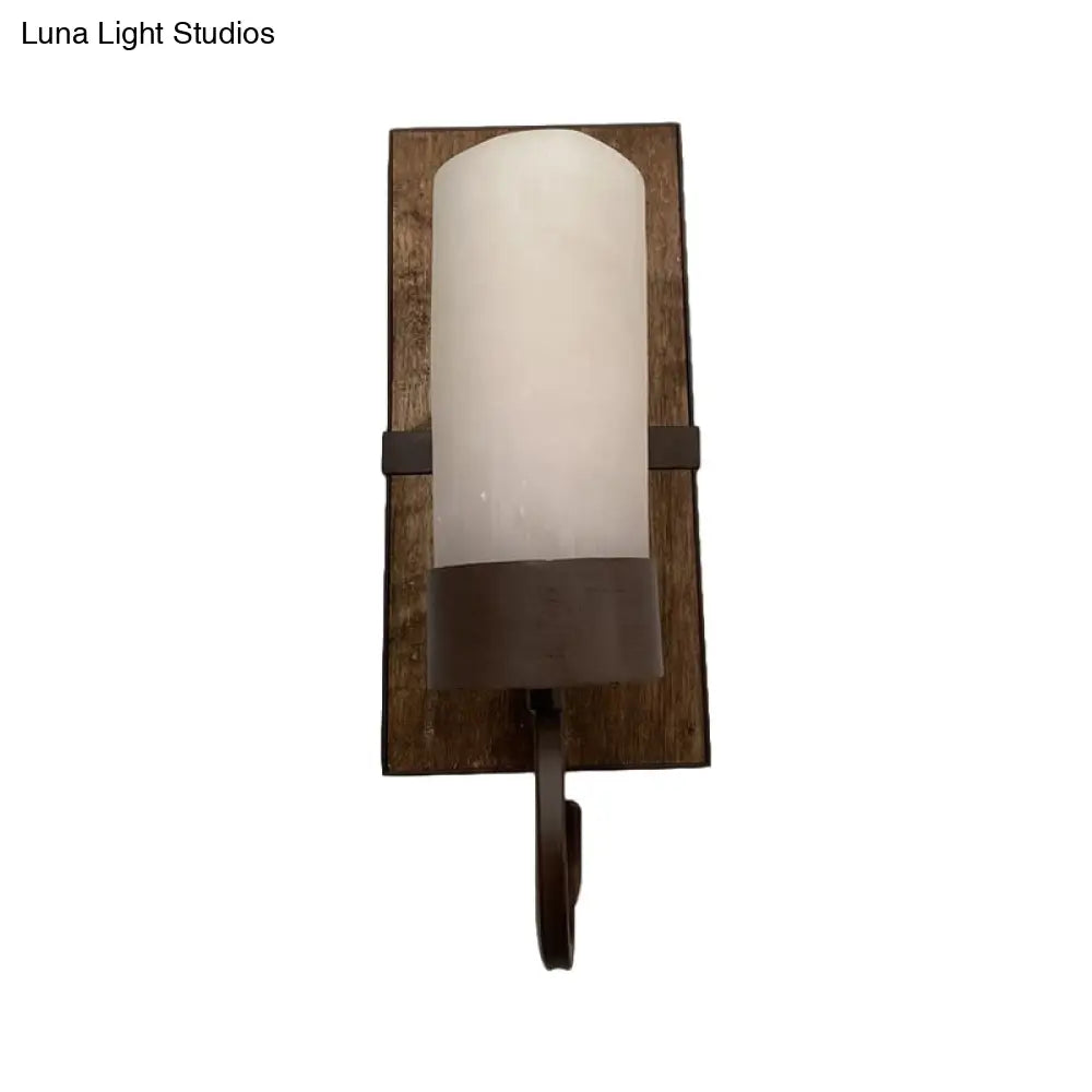 Farmhouse Wall Mounted Lamp: White Glass Cylinder Shade With Brown Finish