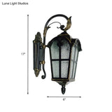 Farmhouse Wall Sconce: 1-Light Curving Arm Metallic Lamp In Black With Water Glass Shade