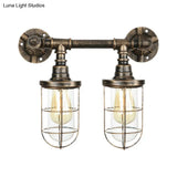 Farmhouse Wire Guard Wall Lamp - Vintage Brass Wrought Iron Sconce With Valve Wheel Design 2 Bulbs
