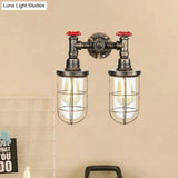 Farmhouse Wire Guard Wall Lamp - Vintage Brass Wrought Iron Sconce With Valve Wheel Design 2 Bulbs