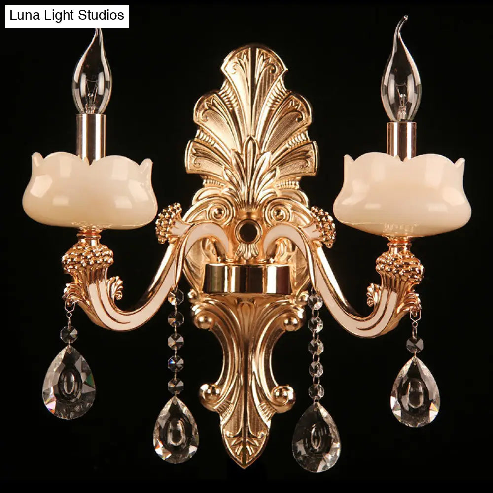 Faux Jade Candle Wall Sconce - Traditional 2-Light Gold Bedroom Lamp With Crystal Deco