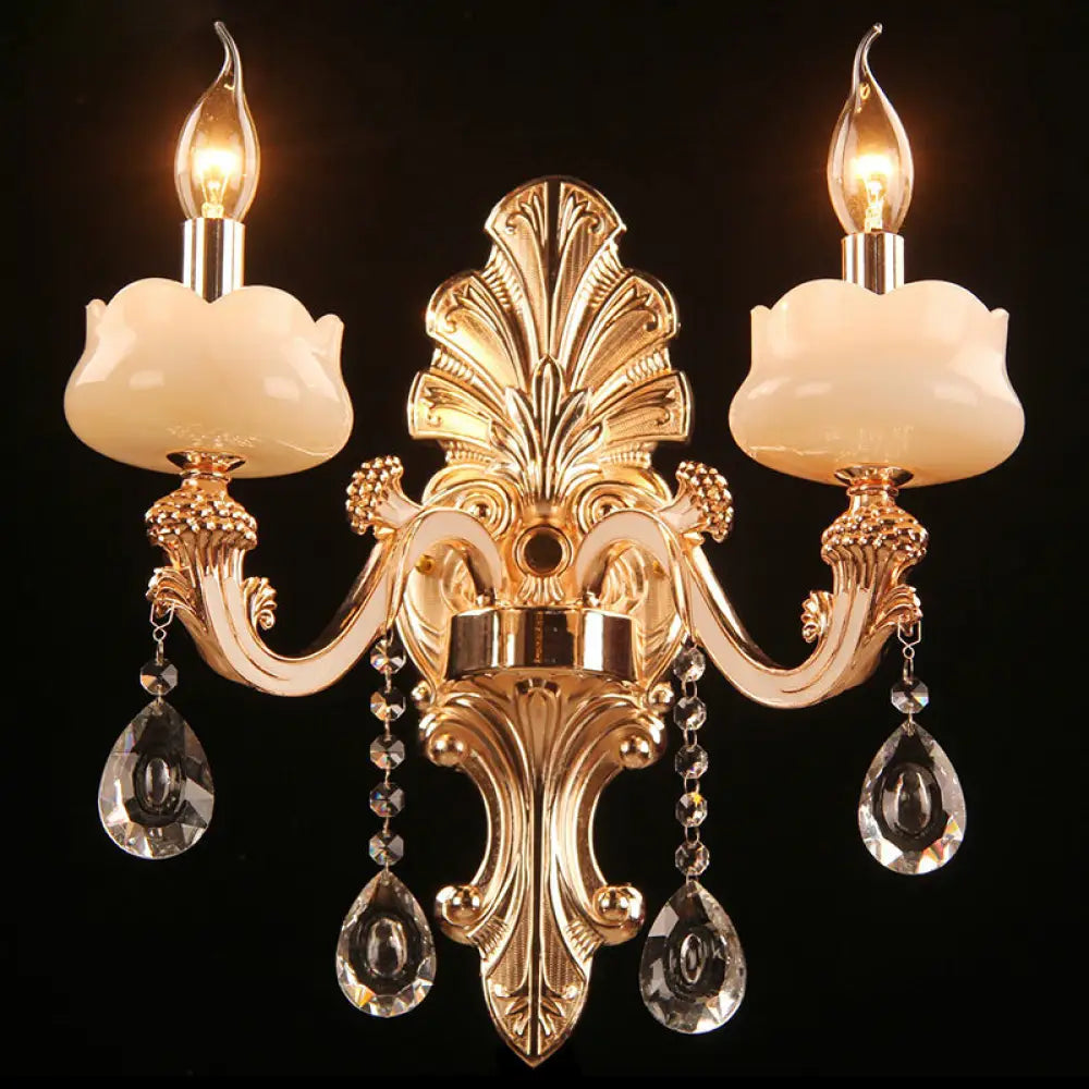 Faux Jade Candle Wall Sconce - Traditional 2-Light Gold Bedroom Lamp With Crystal Deco
