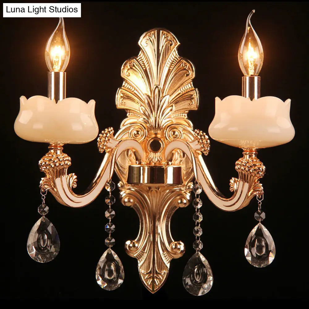 Faux Jade Candle Wall Sconce - Traditional 2-Light Gold Bedroom Lamp With Crystal Deco