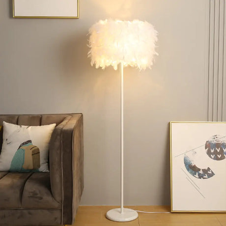 Feather Drum Floor Reading Light - Simple And Modern 1-Light White Gooseneck Lamp With Optional