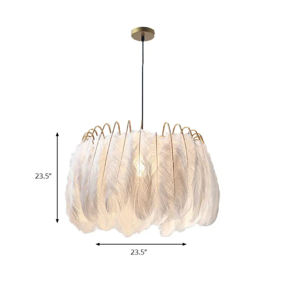Romantic Feather & Metal Pendant Light For Adult Bedroom White 1-Light Drum Suspension