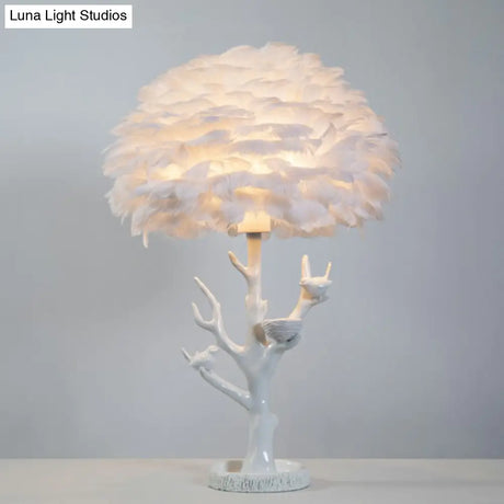 Feather Shade Resin Table Lamp: Artistic Tree Branch Design Ideal For Living Room Nightstands White