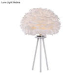 Feather Table Light In White: Modernist Fabric Lamp For Bedside With Tripod Base