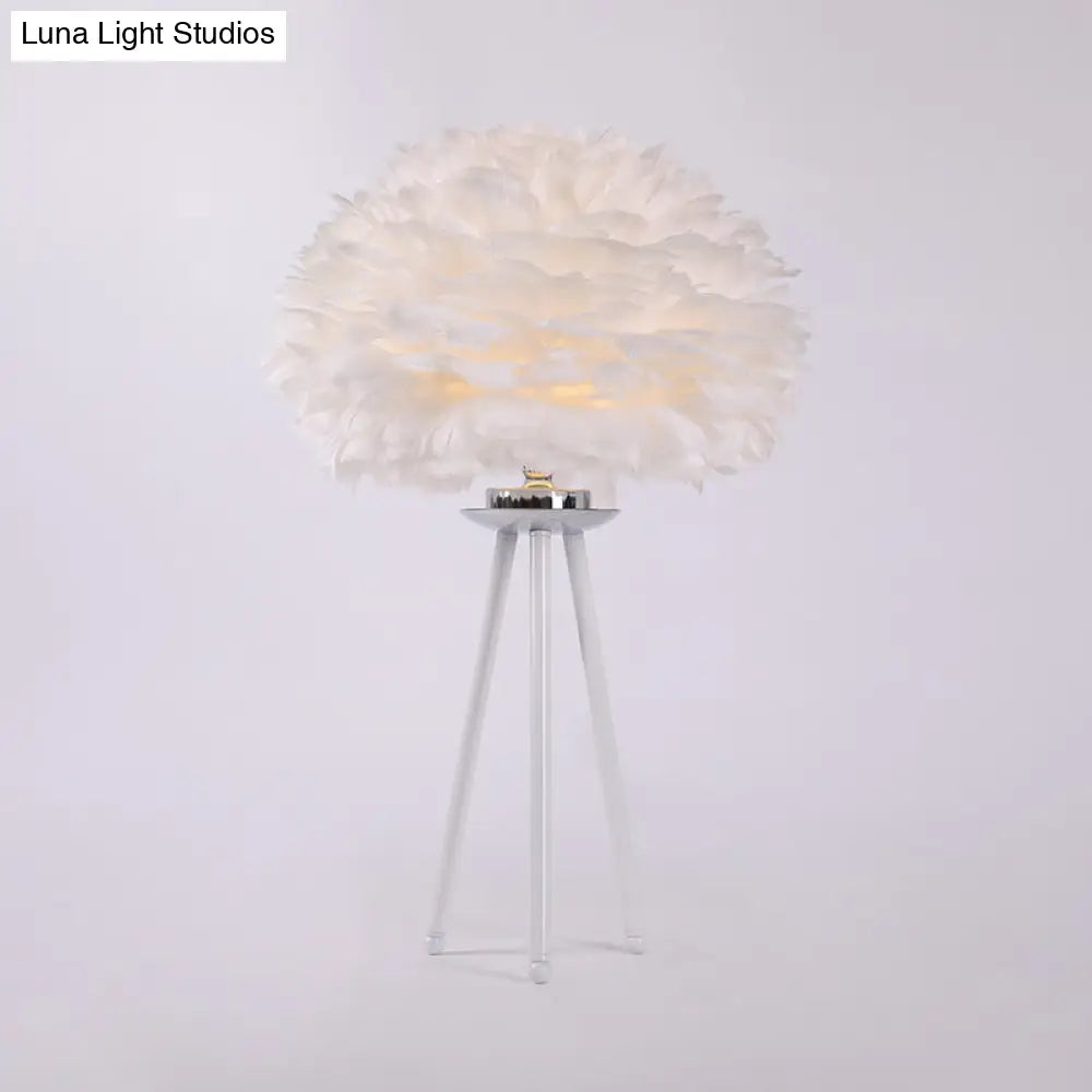 Feather Table Light In White: Modernist Fabric Lamp For Bedside With Tripod Base