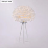Feather Table Light In White: Modernist Fabric Lamp For Bedside With Tripod Base