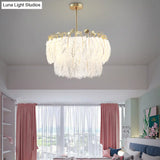 Feather White Bedroom Chandelier: Round Postmodern Hanging Lamp