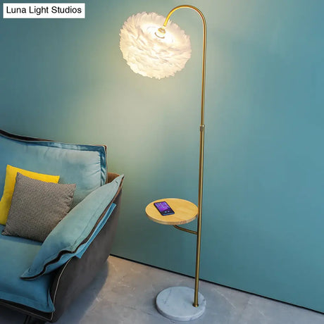 Feathered Minimalist Living Room Floor Lamp With Tray - Single-Bulb Standing Lighting