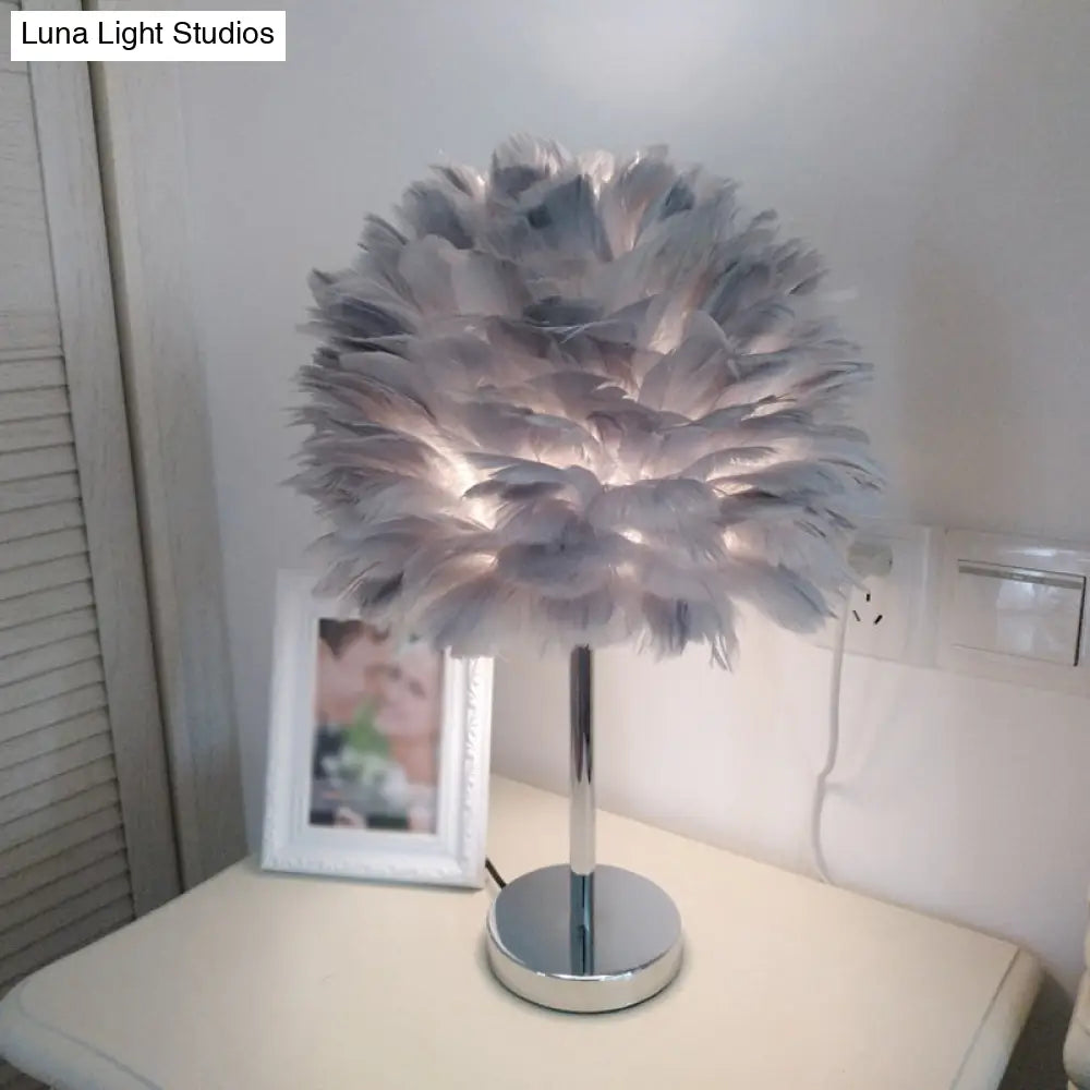 Feathered Modern Artichoke Plug-In Table Light: 1 Light Girls Room Nightstand Lamp (Pink/Grey/White)