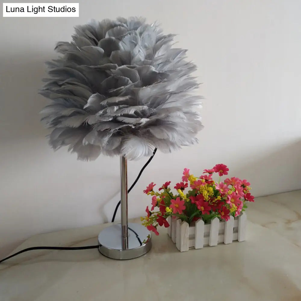 Feathered Modern Artichoke Plug-In Table Light: 1 Light Girls Room Nightstand Lamp (Pink/Grey/White)