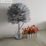 Feathered Modern Artichoke Plug-In Table Light: 1 Light Girls Room Nightstand Lamp (Pink/Grey/White)