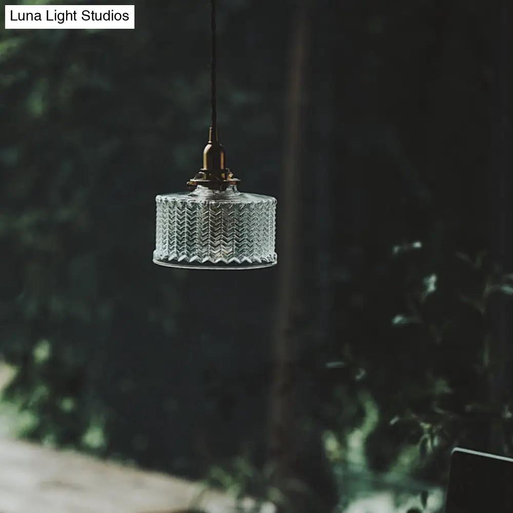 Fish-Bone Glass Hanging Light With Brass Drum Shade - Pendant Lamp For Bedroom & Dining Room