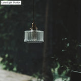 Fish-Bone Glass Hanging Light With Brass Drum Shade - Pendant Lamp For Bedroom & Dining Room