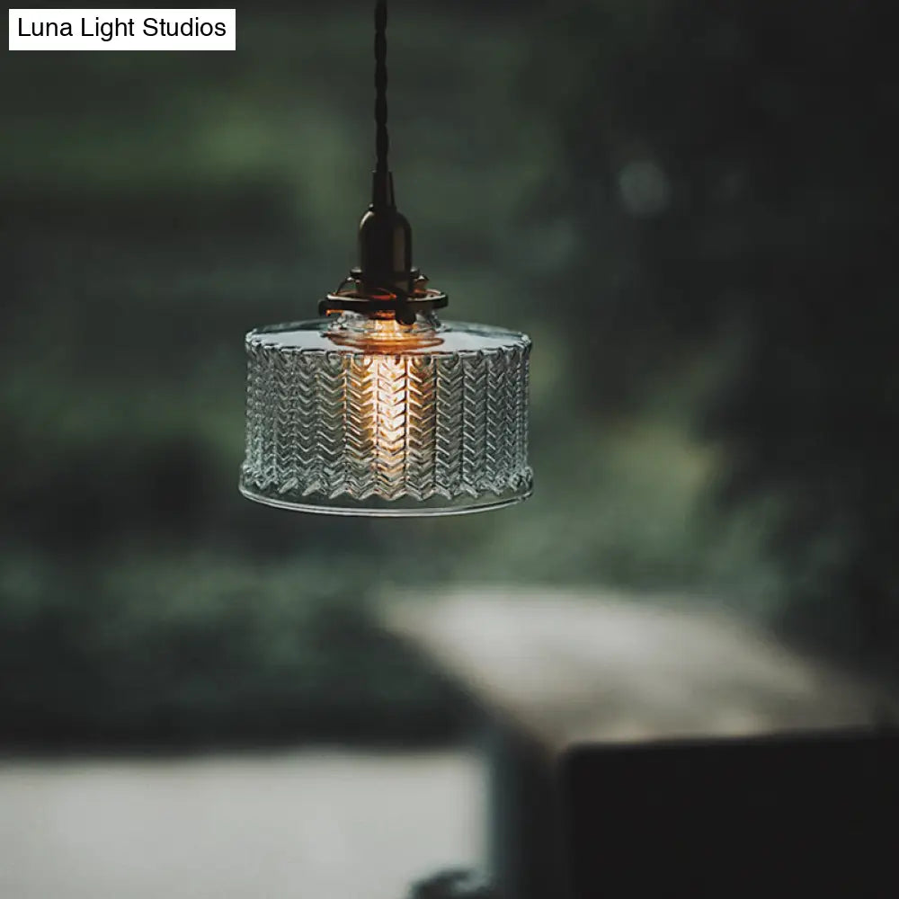 Fish-Bone Glass Hanging Light With Brass Drum Shade - Pendant Lamp For Bedroom & Dining Room