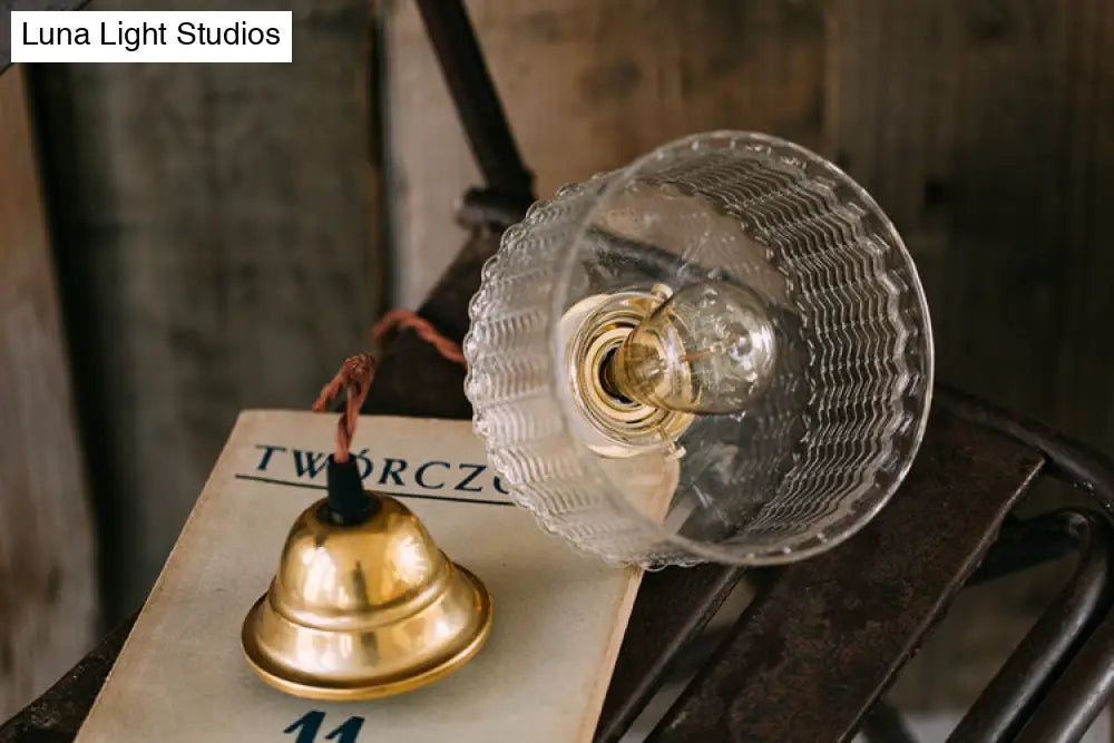 Fish-Bone Glass Hanging Light With Brass Drum Shade - Pendant Lamp For Bedroom & Dining Room