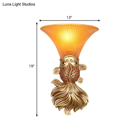 Fish Resin Wall Sconce - Red/Gold Finish With Amber Glass Bell Shade For Country Restaurants