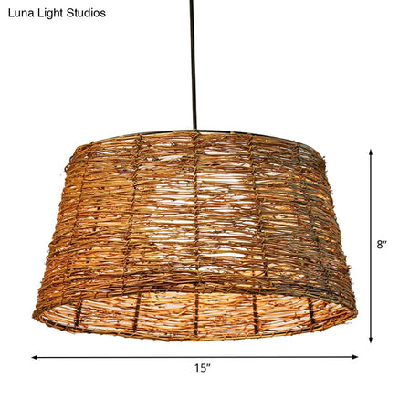 Flare Pendant Light - Asian Rattan 1-Head Brown Ceiling Lamp With Milk Glass Shade