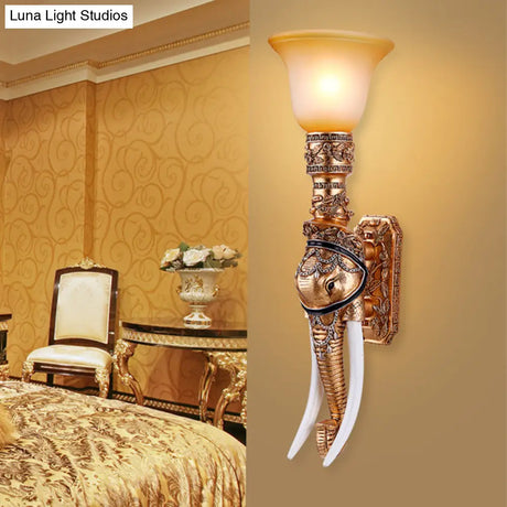 Flared Amber Glass Wall Mount Light With Gold Elephant Base - Traditional 1-Light Sconce