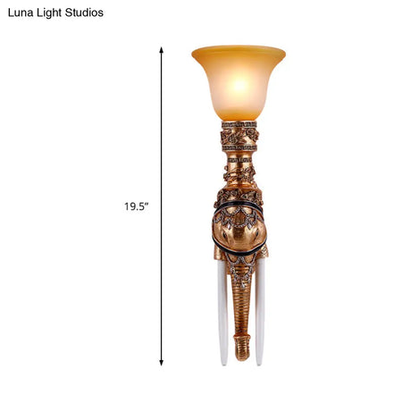 Flared Amber Glass Wall Mount Light With Gold Elephant Base - Traditional 1-Light Sconce