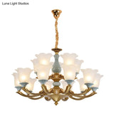 Flared Blue Frosted Glass Chandelier Pendant Light For Living Room With Ruffled Edge