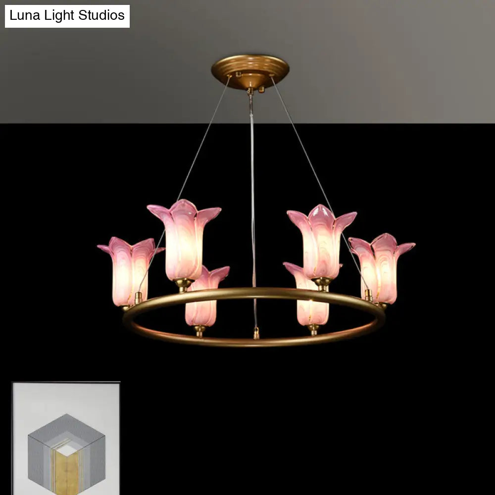 Flared Pendant Lamp - Traditional Purple Glass Led Chandelier For Living Room 6 Bulbs