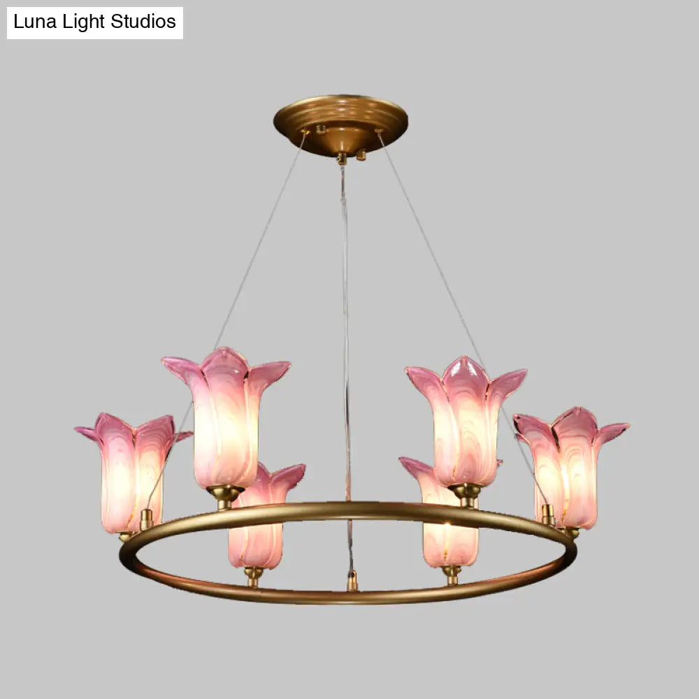 Flared Pendant Lamp - Traditional Purple Glass Led Chandelier For Living Room 6 Bulbs