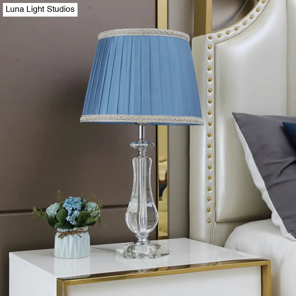Flared/Pleated Shade Table Light: Traditional Beige/Burgundy/Sky Blue Fabric Nightstand Lamp With