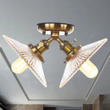 Flared Shade Ceiling Mount Light With Clear Ribbed Glass - 2 Heads Ideal For Restaurants