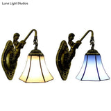 Flared Tiffany Blue/Beige Glass Wall Light - Antique Bronze Sconce Fixture