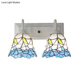 Flared Tiffany Blue Stained Glass Sconce Light With 2 Heads: Perfect For Bedroom