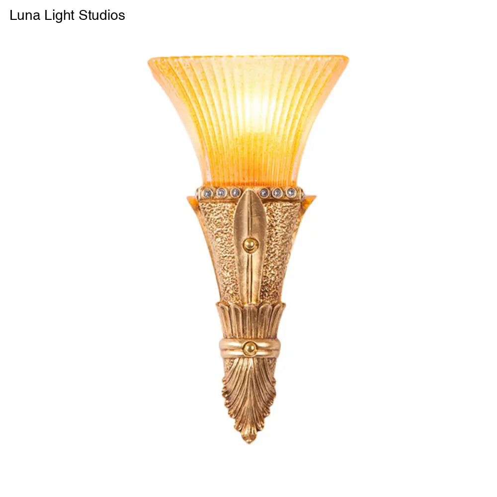 Flared Wall Mount Light: Traditional 1-Light Orange Glass & Resin Sconce In Gold For Corridor