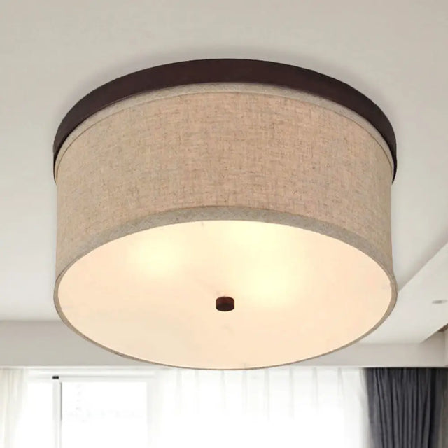 Flaxen Drum Ceiling Light - Simple 3 - Light Flush Mount With Fabric Shade & Diffuser
