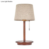 Flaxen Fabric Table Lamp With Usb Charging Port - 1-Light Bucket Pull Chain Night Light