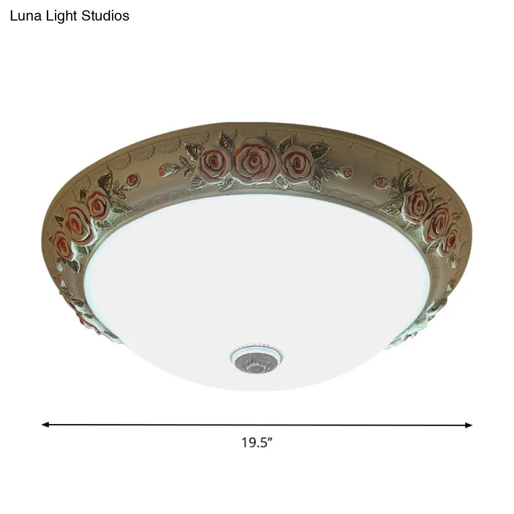 Floral Accent Led Vintage Flush-Mount Ceiling Light Fixture - White Glass 12’/16’/19.5’ Wide