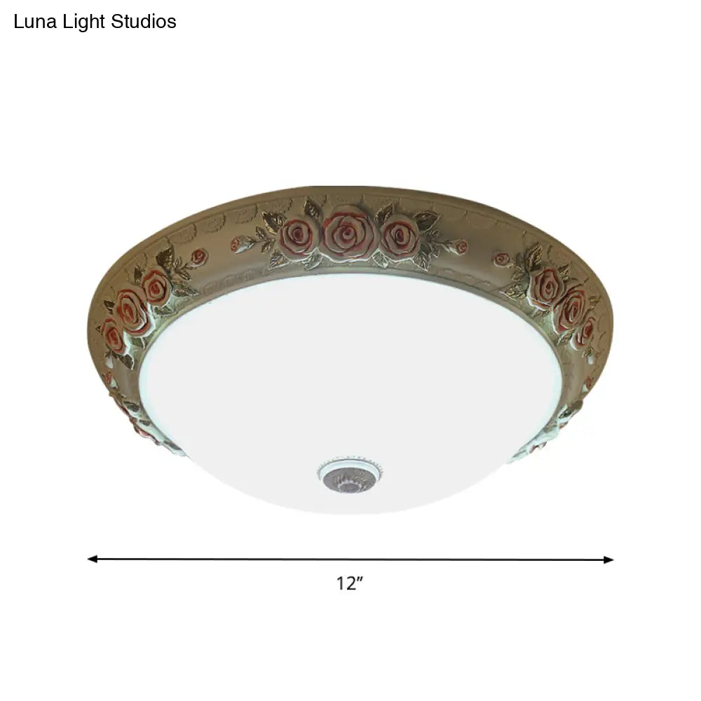 Floral Accent Led Vintage Flush-Mount Ceiling Light Fixture - White Glass 12’/16’/19.5’ Wide