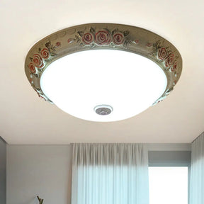 Floral Accent Led Vintage Flush-Mount Ceiling Light Fixture - White Glass 12’/16’/19.5’ Wide / 12’