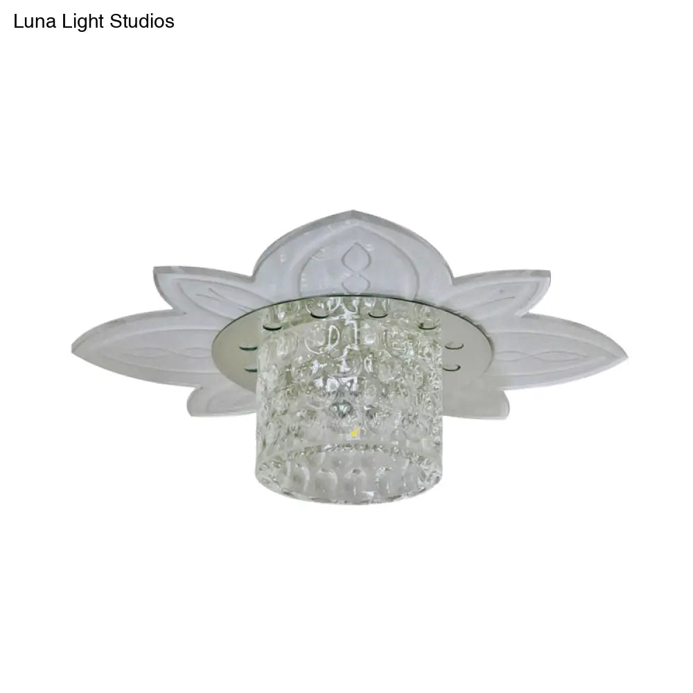 Floral Base Led Flush Mount Corridor Light With Clear Crystal Prism Cylinder