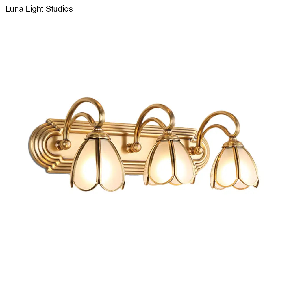 Floral Bathroom Vanity Light Fixture With Frosted White Glass And Gold Accents
