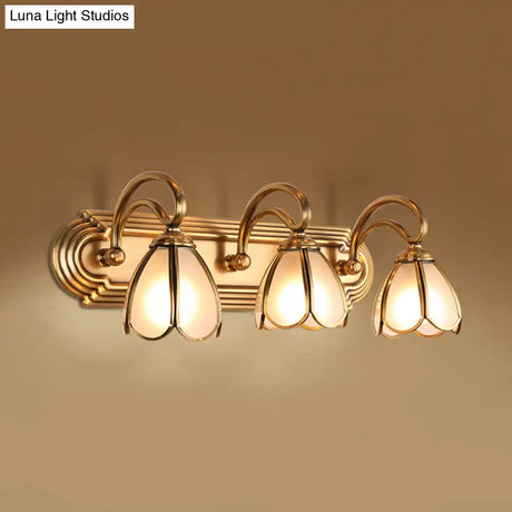 Floral Bathroom Vanity Light Fixture With Frosted White Glass And Gold Accents