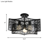Floral Etched Black Ceiling Flush: Elegant Iron Semi Mount Lighting For Rural Living Room - 3 Lights