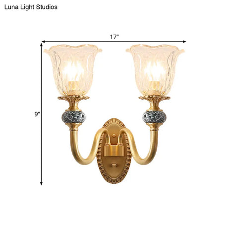 Floral Farmhouse Dining Room Wall Sconce - Clear Ribbed Glass 6/17 W 2 Lights Brass Finish