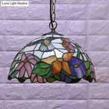 Floral Pattern Tiffany-Style Pendant Ceiling Light: 1 Bulb Black Stained Glass Down Lighting